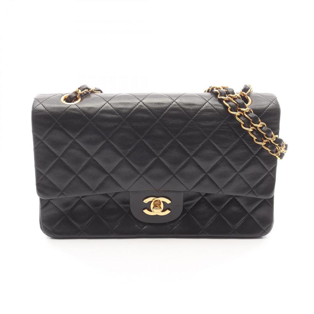 Chanel Matelasse Double Flap Shoulder Bag Lambskin Sheepskin Black